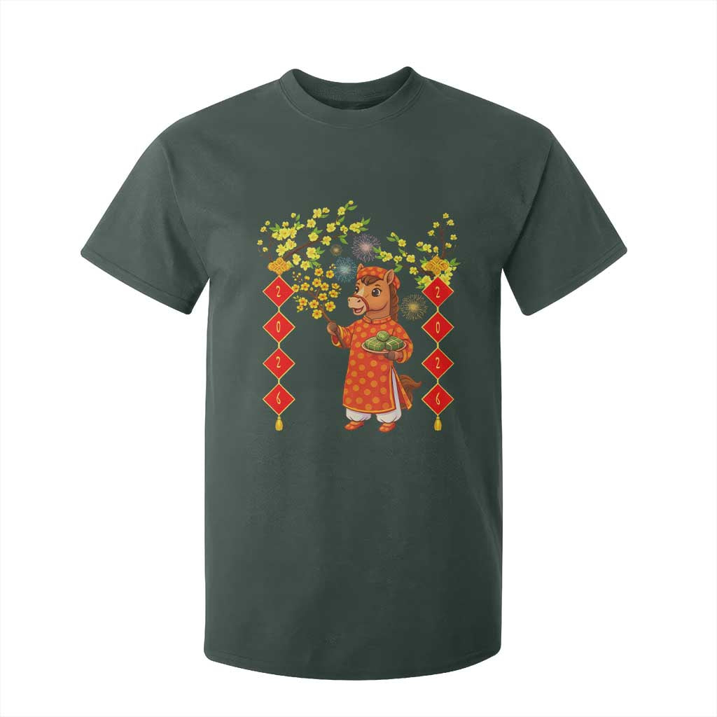 Funny Tet Holiday T Shirt For Kid Cute Horse In Ao Dai TS12 Dark Forest Green Print Your Wear