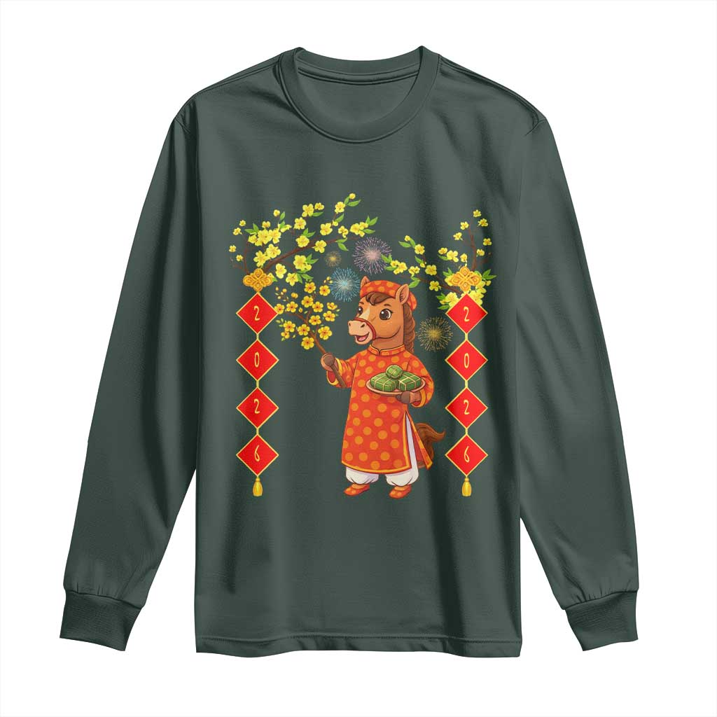 Funny Tet Holiday Long Sleeve Shirt Cute Horse In Ao Dai TS12 Dark Forest Green Print Your Wear