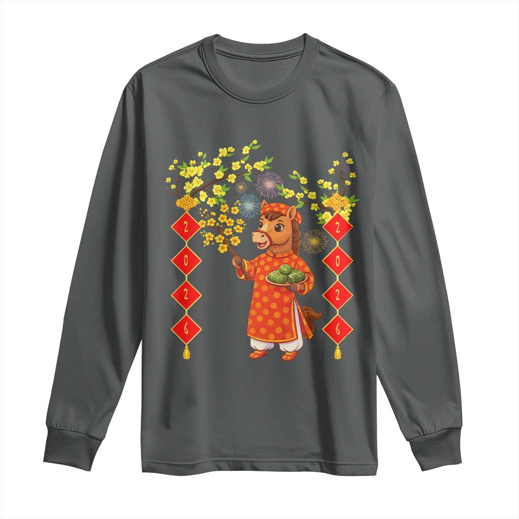Funny Tet Holiday Long Sleeve Shirt Cute Horse In Ao Dai TS12 Dark Heather Print Your Wear