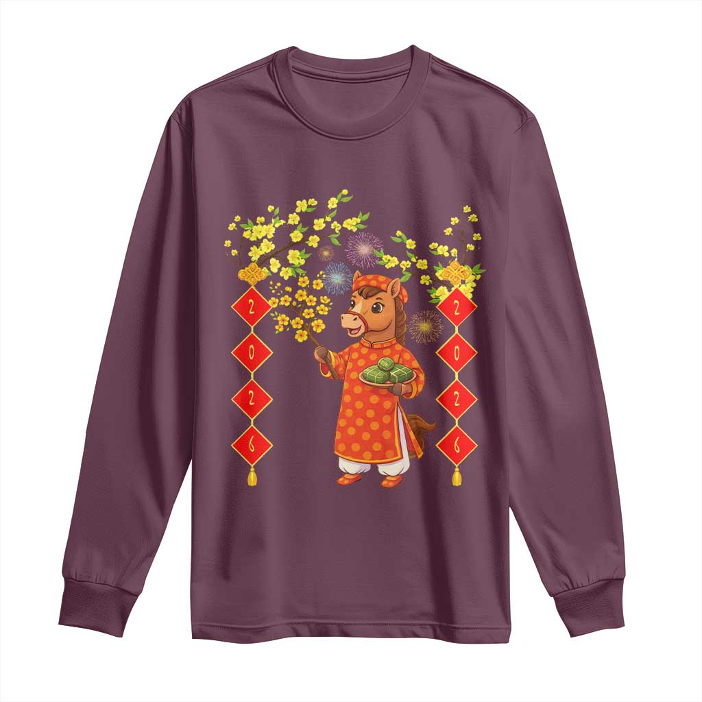 Funny Tet Holiday Long Sleeve Shirt Cute Horse In Ao Dai TS12 Maroon Print Your Wear