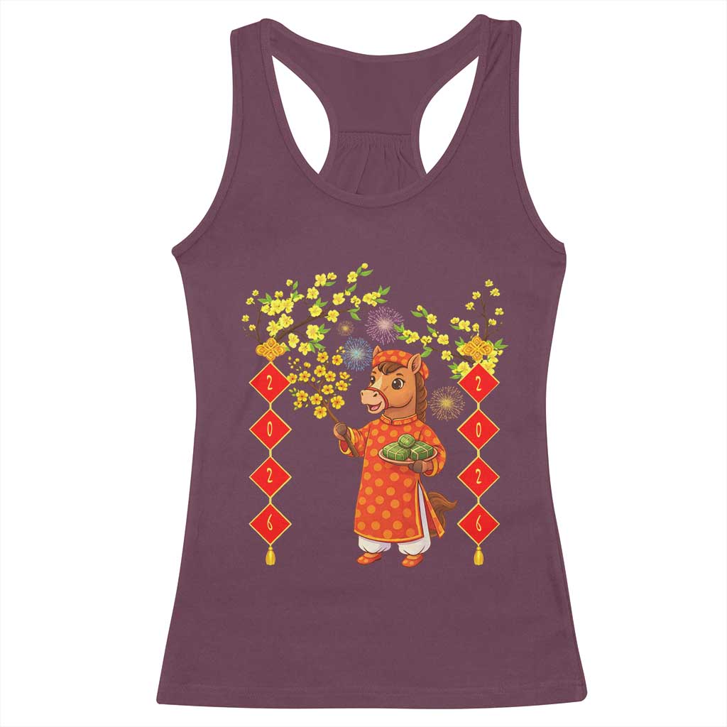 Funny Tet Holiday Racerback Tank Top Cute Horse In Ao Dai TS12 Maroon Print Your Wear