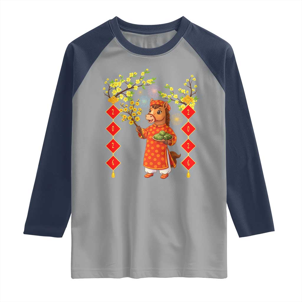 Funny Tet Holiday Raglan Shirt Cute Horse In Ao Dai TS12 Sport Gray Navy Print Your Wear