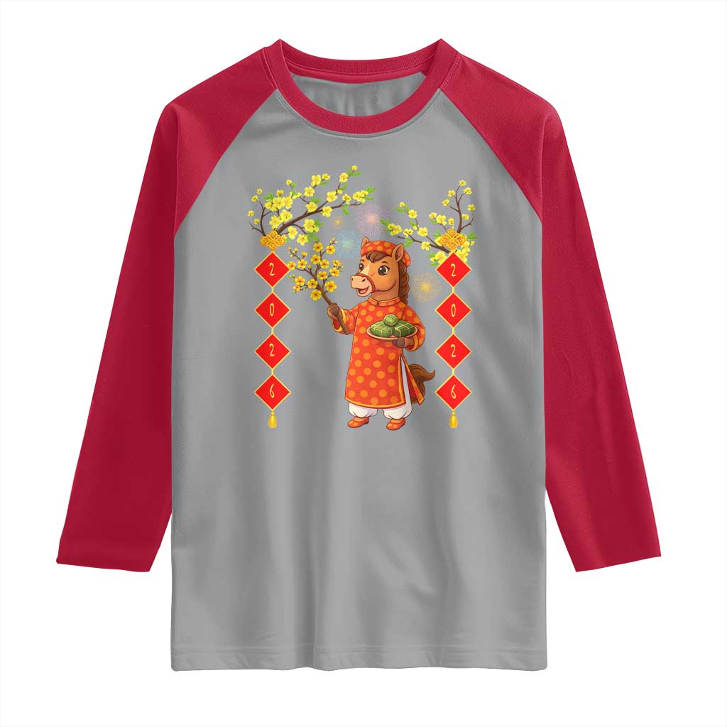 Funny Tet Holiday Raglan Shirt Cute Horse In Ao Dai TS12 Sport Gray Red Print Your Wear