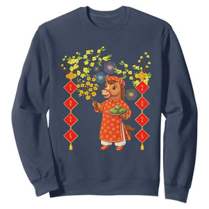 Funny Tet Holiday Sweatshirt Cute Horse In Ao Dai TS12 Navy Print Your Wear