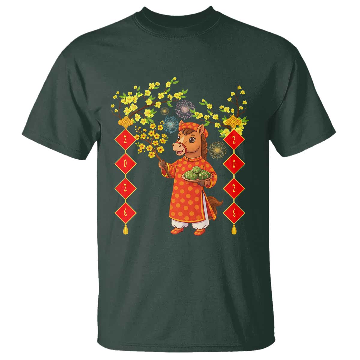Funny Tet Holiday T Shirt Cute Horse In Ao Dai TS12 Dark Forest Green Print Your Wear