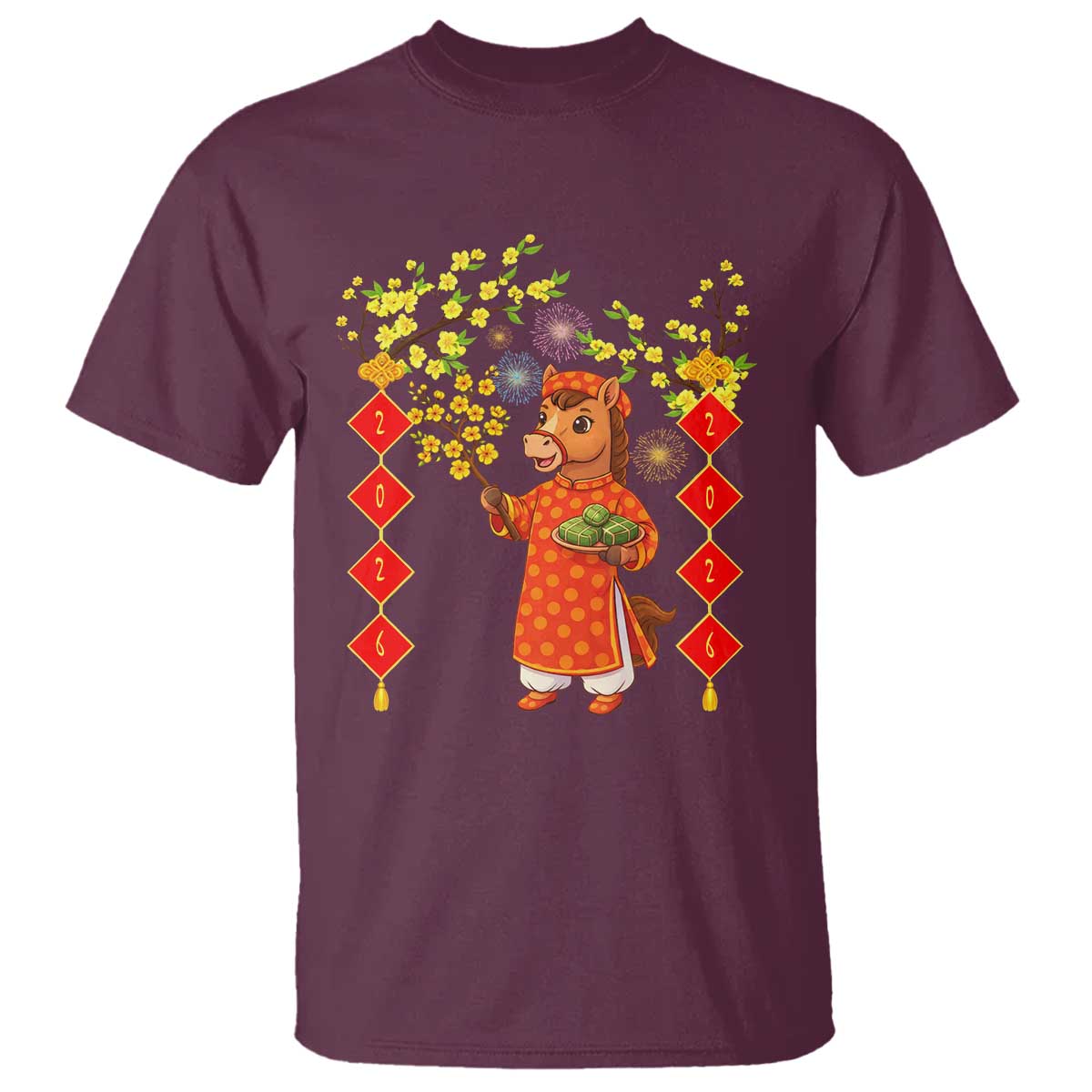 Funny Tet Holiday T Shirt Cute Horse In Ao Dai TS12 Maroon Print Your Wear