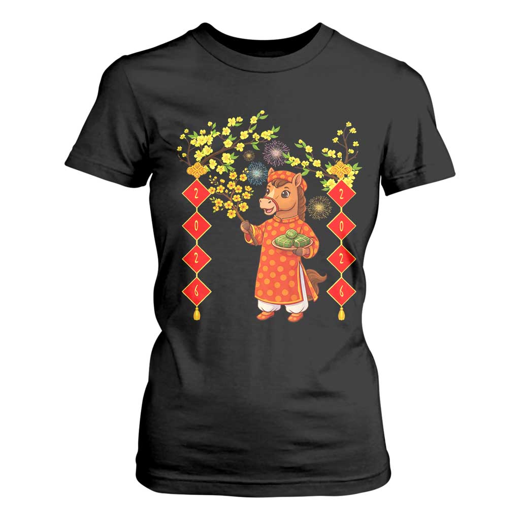 Funny Tet Holiday T Shirt For Women Cute Horse In Ao Dai TS12 Black Print Your Wear