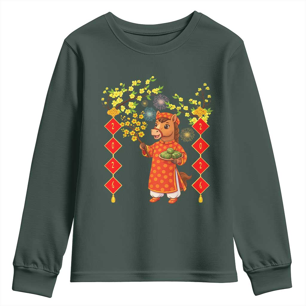 Funny Tet Holiday Youth Sweatshirt Cute Horse In Ao Dai TS12 Dark Forest Green Print Your Wear