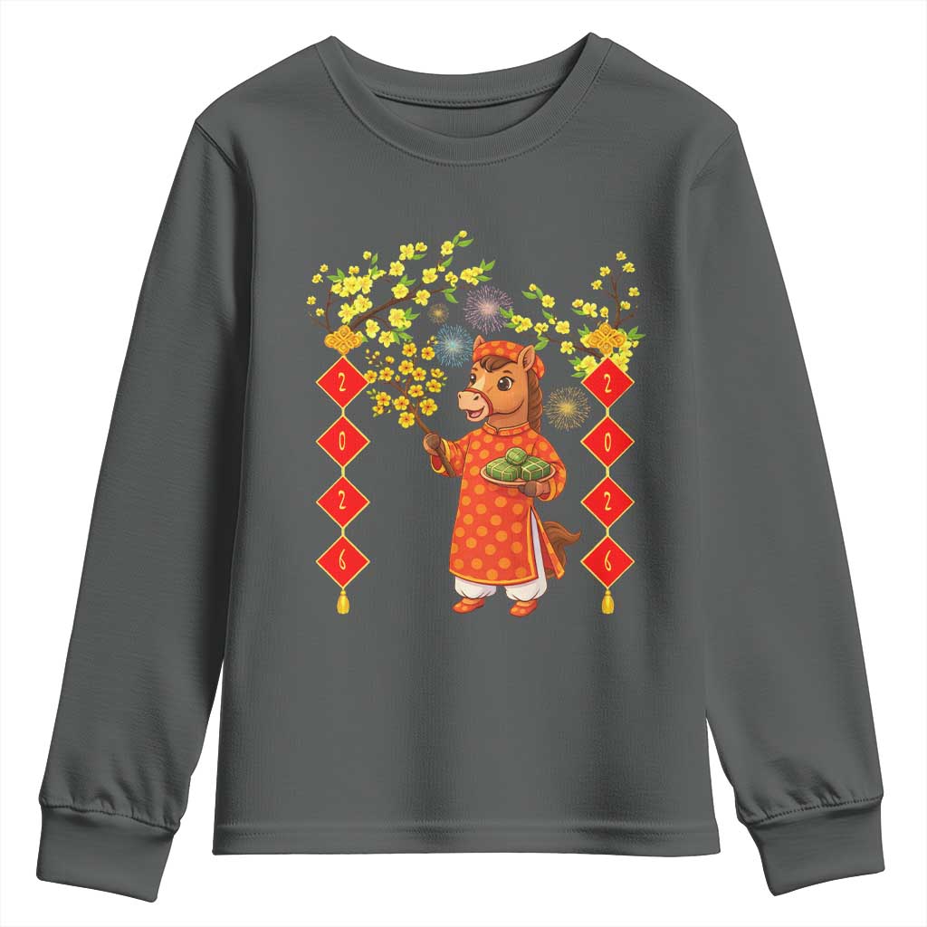 Funny Tet Holiday Youth Sweatshirt Cute Horse In Ao Dai TS12 Dark Heather Print Your Wear