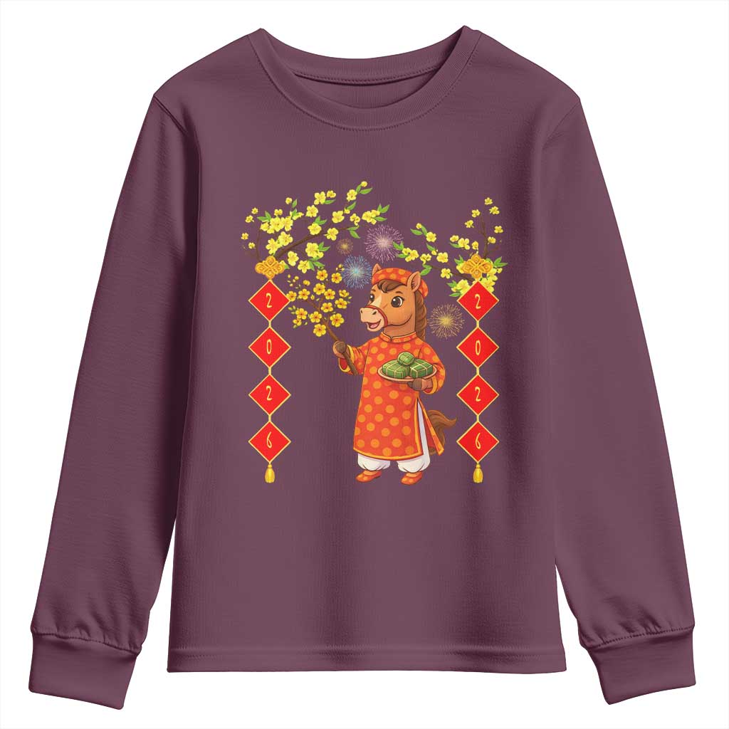 Funny Tet Holiday Youth Sweatshirt Cute Horse In Ao Dai TS12 Maroon Print Your Wear