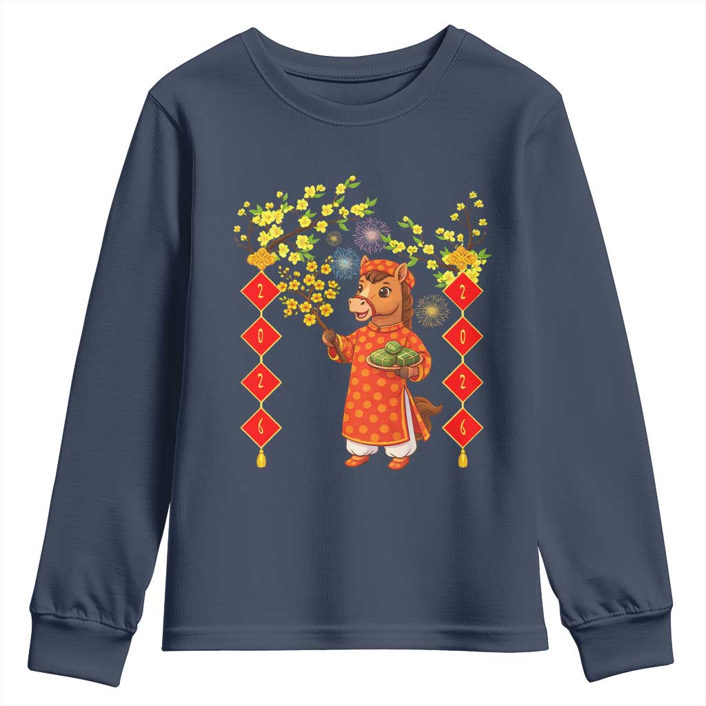 Funny Tet Holiday Youth Sweatshirt Cute Horse In Ao Dai TS12 Navy Print Your Wear
