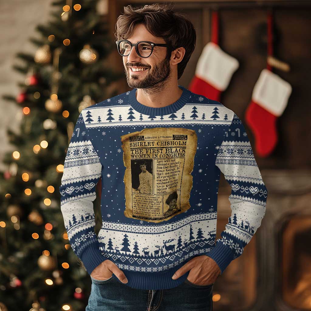 Vintage Newspaper Shirley Chisholm Ugly Christmas Sweater First Black Woman In Congress TS12 Navy Beige Print Your Wear
