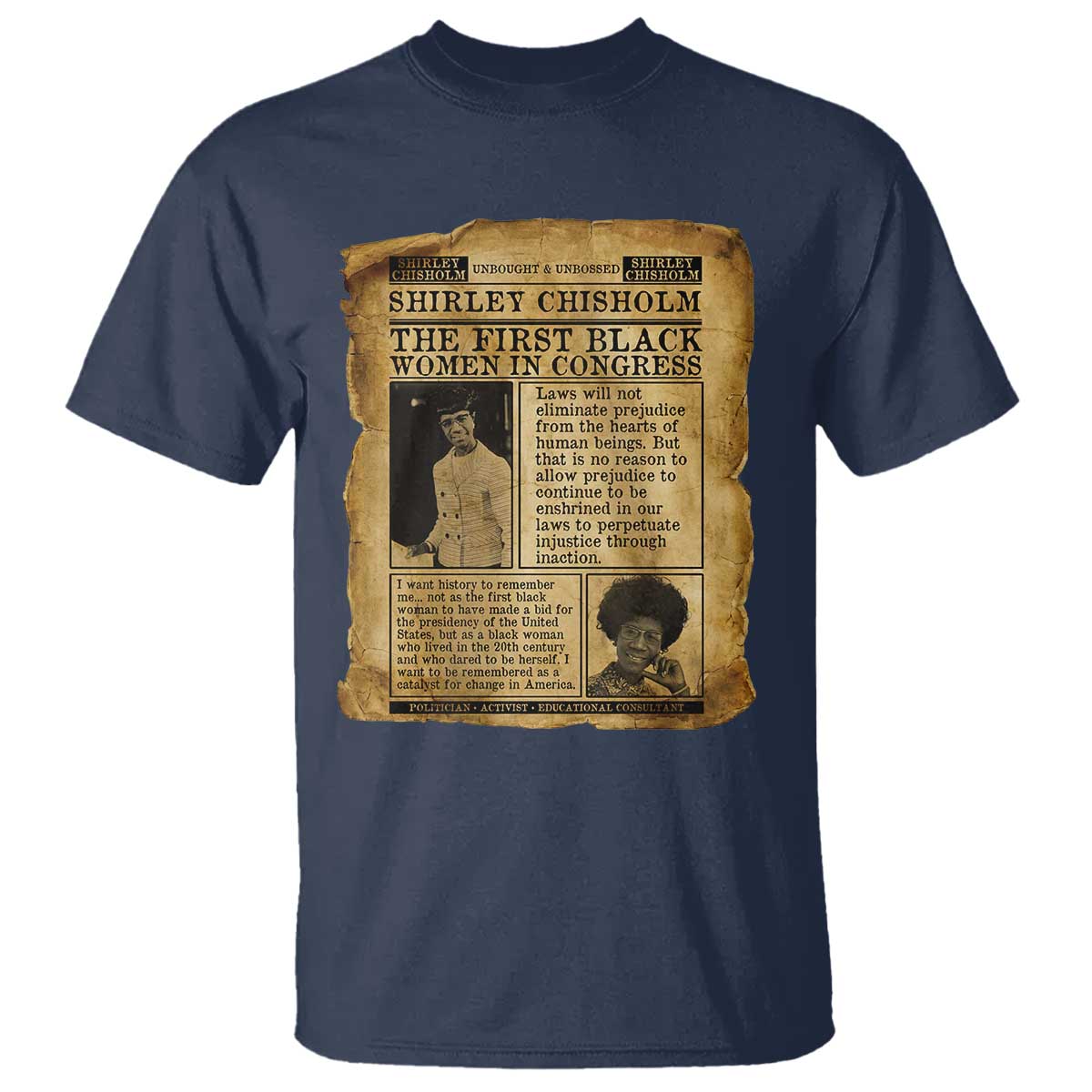 Vintage Newspaper Shirley Chisholm T Shirt First Black Woman In Congress TS12 Navy Print Your Wear