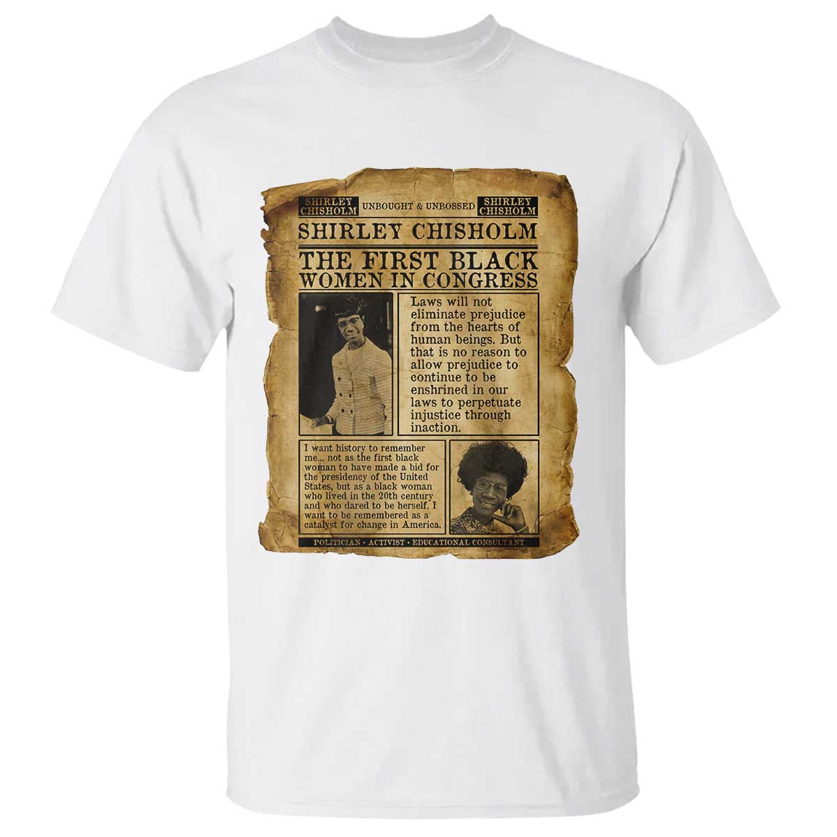 Vintage Newspaper Shirley Chisholm T Shirt First Black Woman In Congress TS12 White Print Your Wear