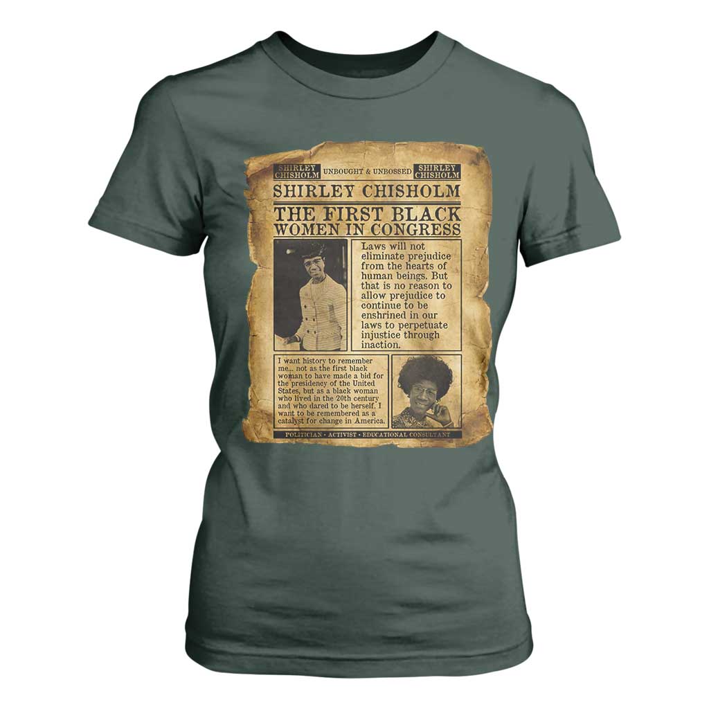 Vintage Newspaper Shirley Chisholm T Shirt For Women First Black Woman In Congress TS12 Dark Forest Green Print Your Wear