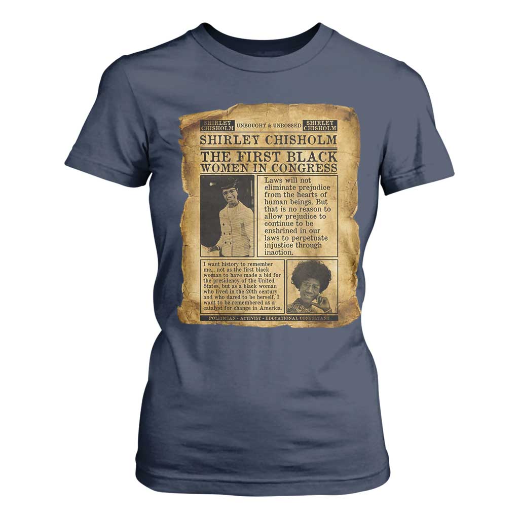 Vintage Newspaper Shirley Chisholm T Shirt For Women First Black Woman In Congress TS12 Navy Print Your Wear