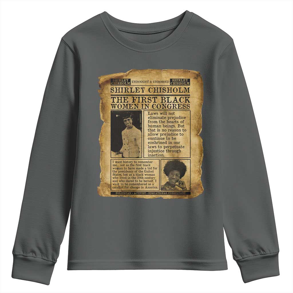 Vintage Newspaper Shirley Chisholm Youth Sweatshirt First Black Woman In Congress TS12 Dark Heather Print Your Wear