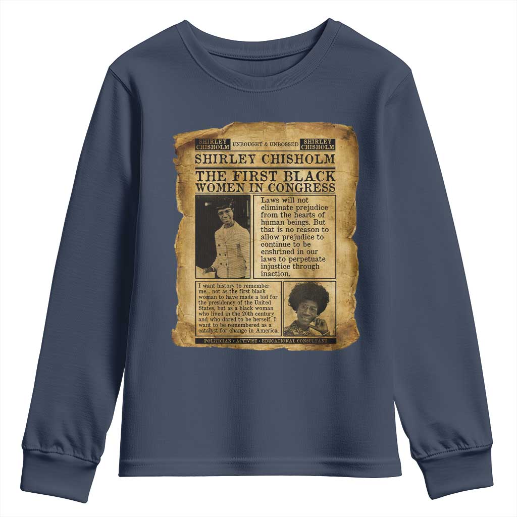 Vintage Newspaper Shirley Chisholm Youth Sweatshirt First Black Woman In Congress TS12 Navy Print Your Wear