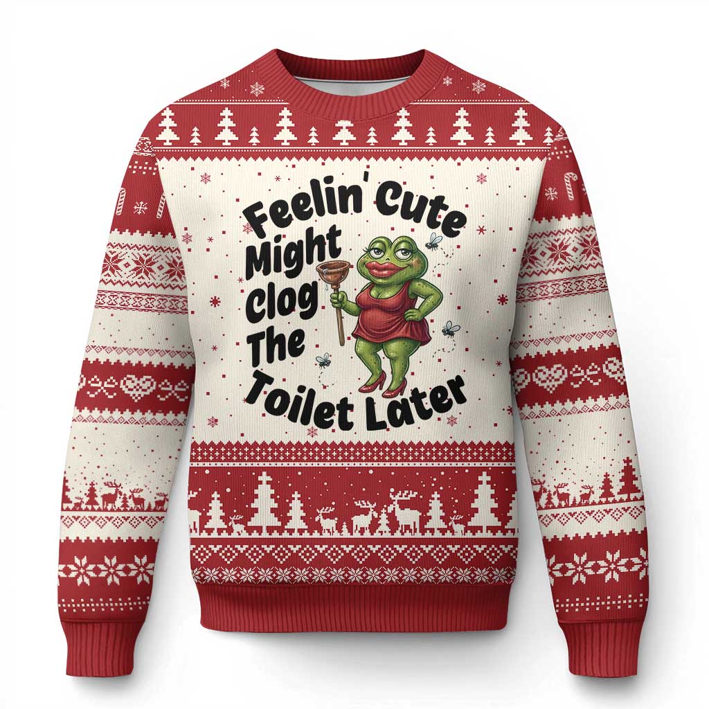 Funny Frog Bathroom Jokes Ugly Christmas Sweater Feeling Cute Might Clog The Toilet Later TS12 Beige Red Print Your Wear
