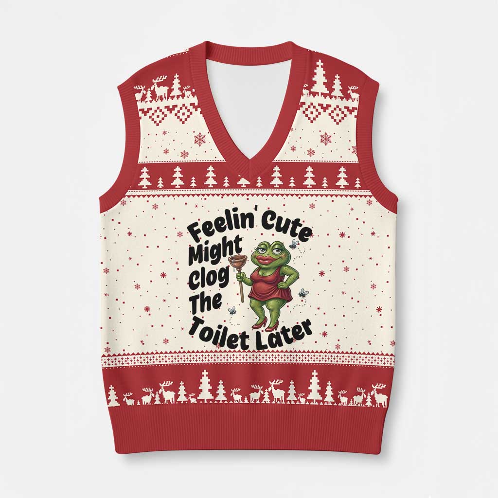 Funny Frog Bathroom Jokes V-Neck Knit Sweater Vest Feeling Cute Might Clog The Toilet Later TS12 Beige Red Print Your Wear