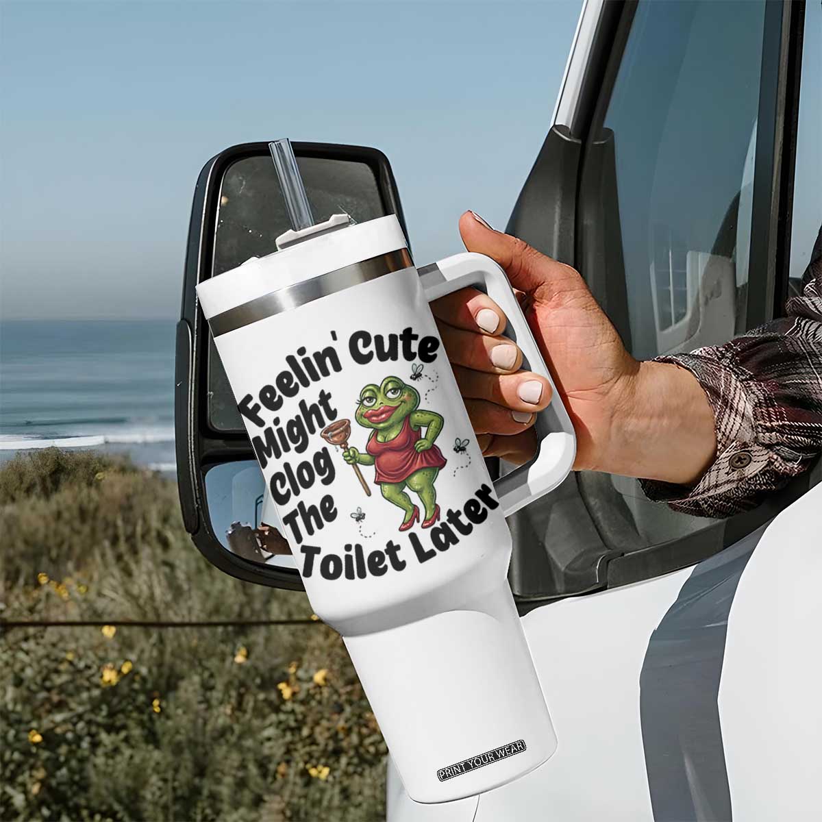 Funny Frog Bathroom Jokes Tumbler With Handle Feeling Cute Might Clog The Toilet Later TS12 Print Your Wear
