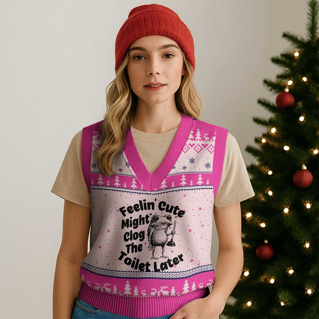 Funny Plumber Frog Gift V-Neck Knit Sweater Vest Feeling Cute Might Clog The Toilet Later TS12 Hot Pink Print Your Wear