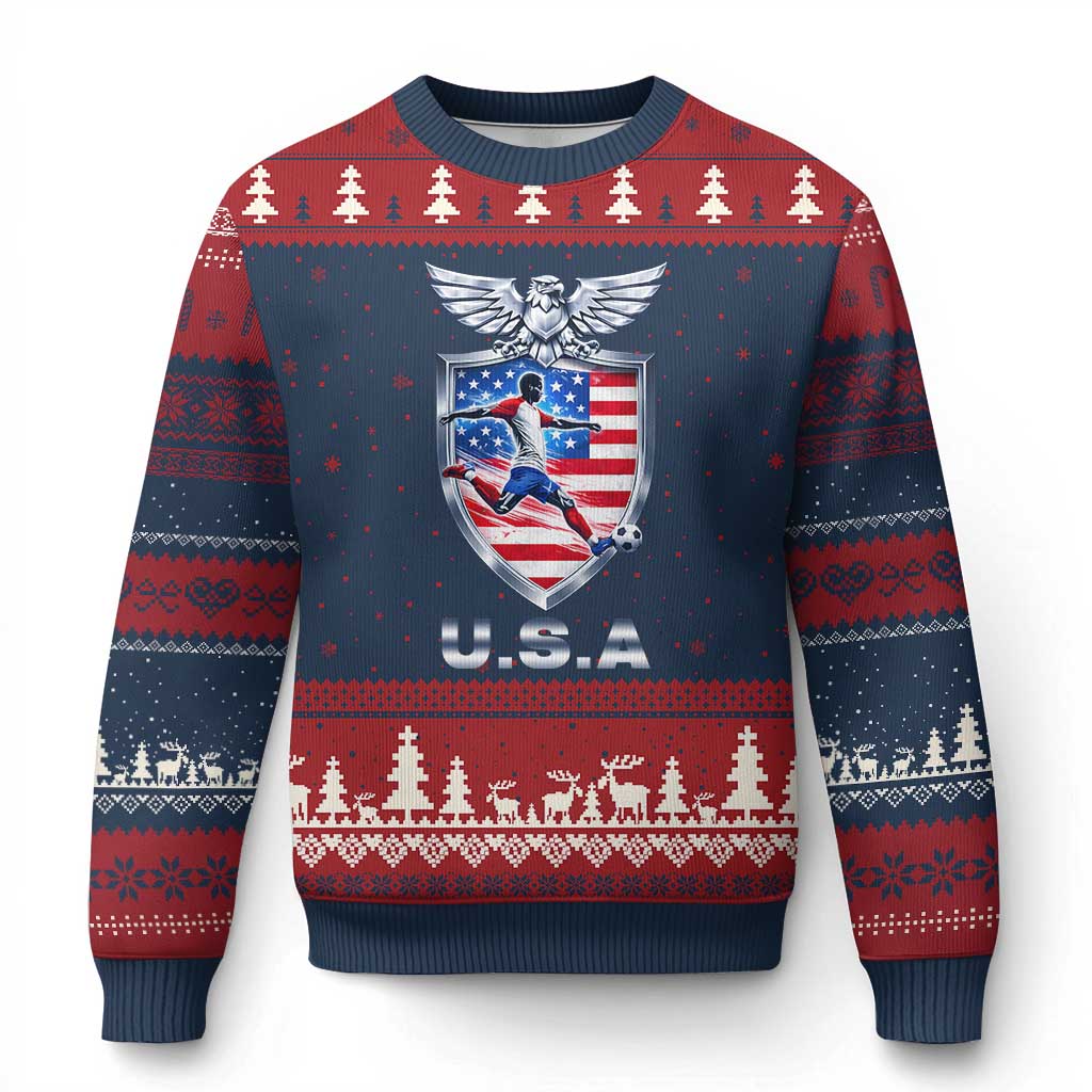 USA 2026 Soccer Player Ugly Christmas Sweater United States Team Pride TS12 Navy Red Print Your Wear