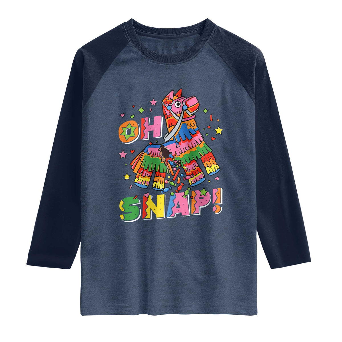 Funny Cinco De Mayo Pinata Candy Party Raglan Shirt Oh Snap TS12 Heather Denim Navy Print Your Wear