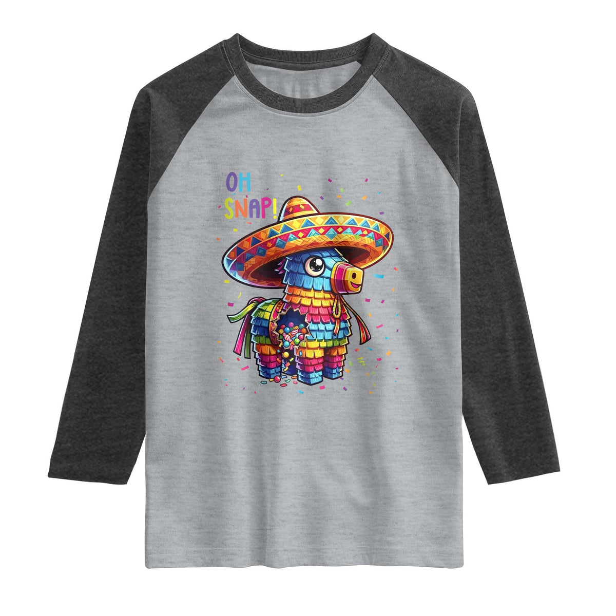 Hilarious Pinata Candy Rainbow Fiesta Party Raglan Shirt Oh Snap TS12 Heather Gray Heather Charcoal Print Your Wear