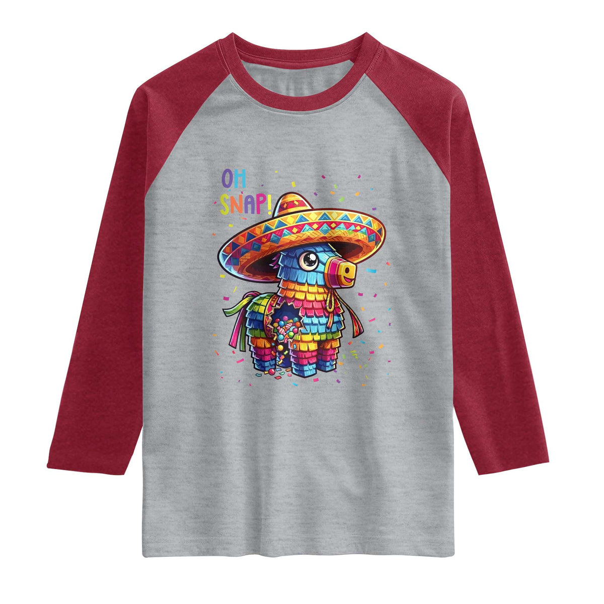 Hilarious Pinata Candy Rainbow Fiesta Party Raglan Shirt Oh Snap TS12 Heather Gray Heather Red Print Your Wear