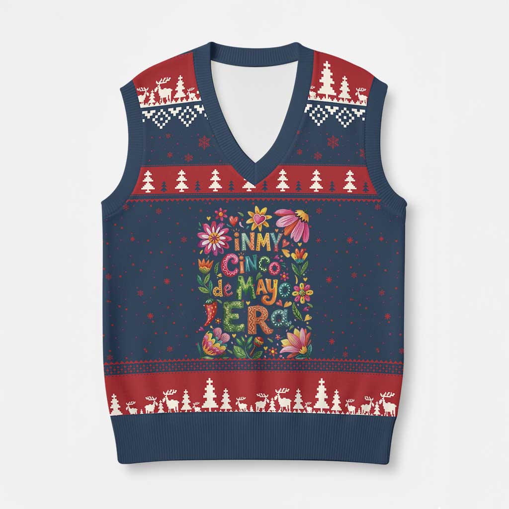 Trendy Floral Fiesta Celebration V-Neck Knit Sweater Vest In My Cinco De Mayo Era TS12 Navy Red Print Your Wear