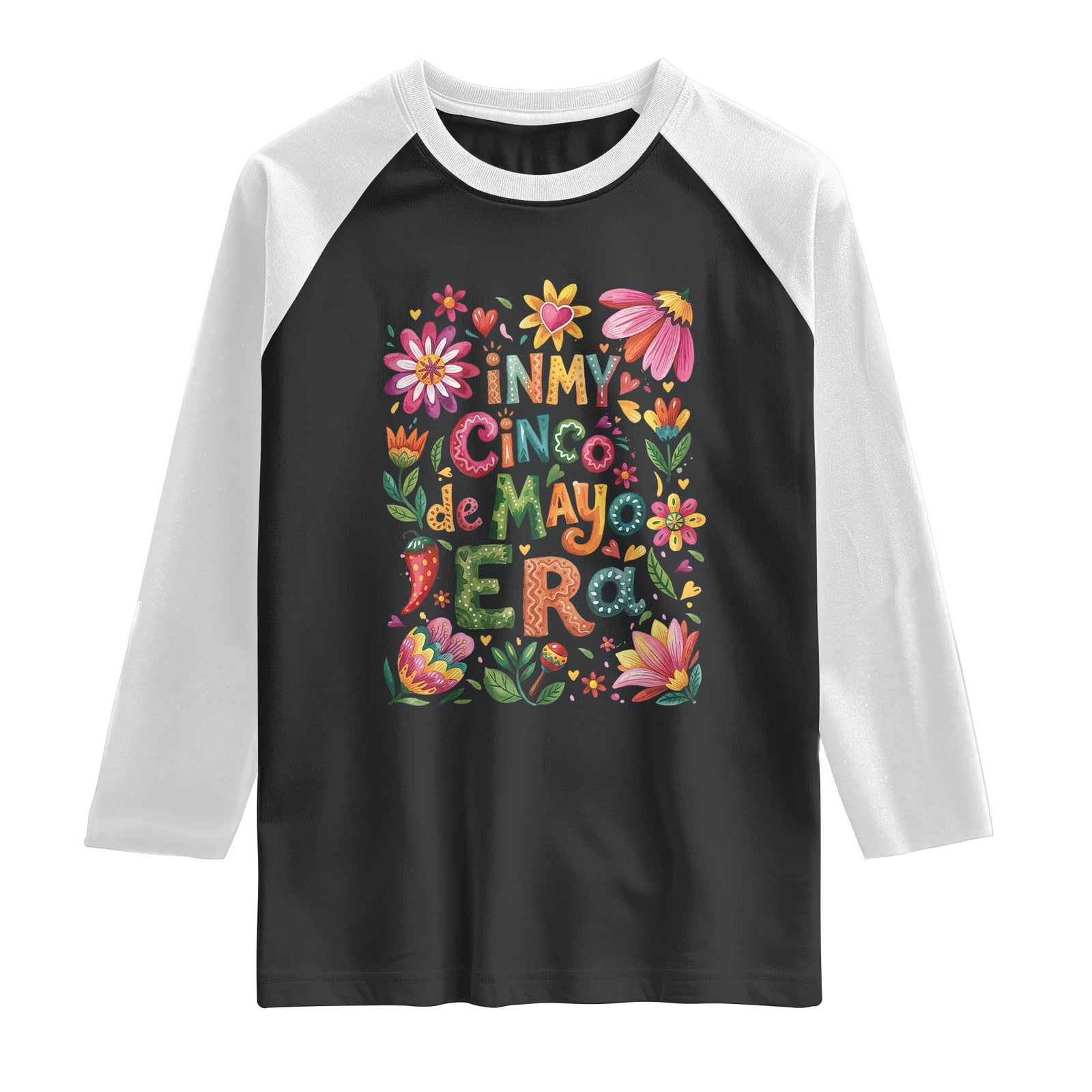 Trendy Floral Fiesta Celebration Raglan Shirt In My Cinco De Mayo Era TS12 Black White Print Your Wear
