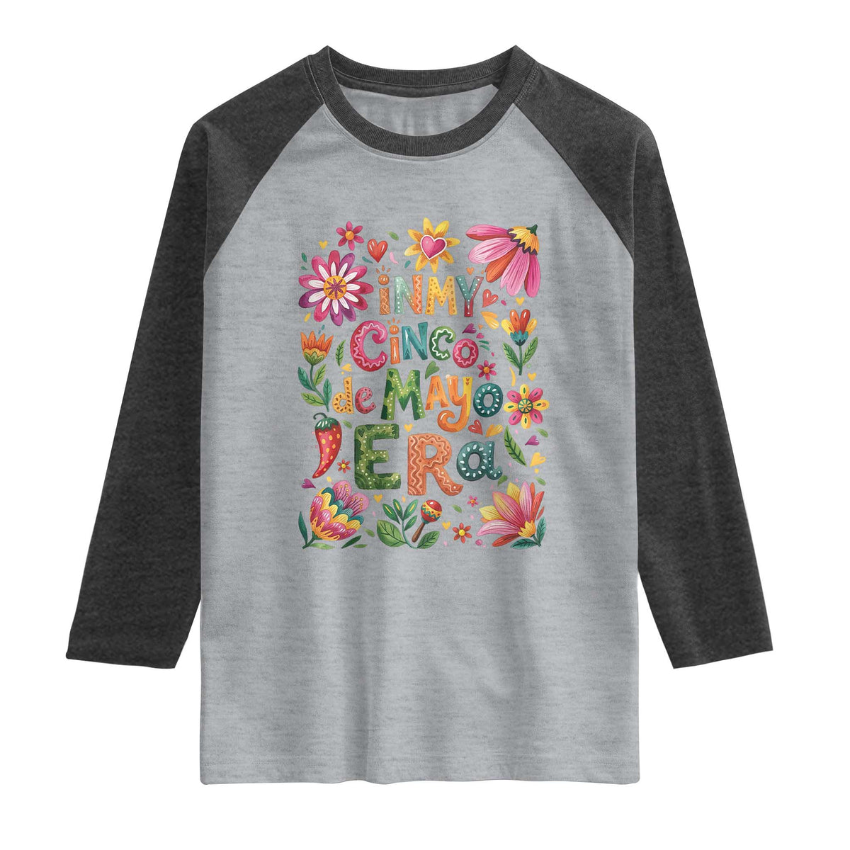 Trendy Floral Fiesta Celebration Raglan Shirt In My Cinco De Mayo Era TS12 Heather Gray Heather Charcoal Print Your Wear