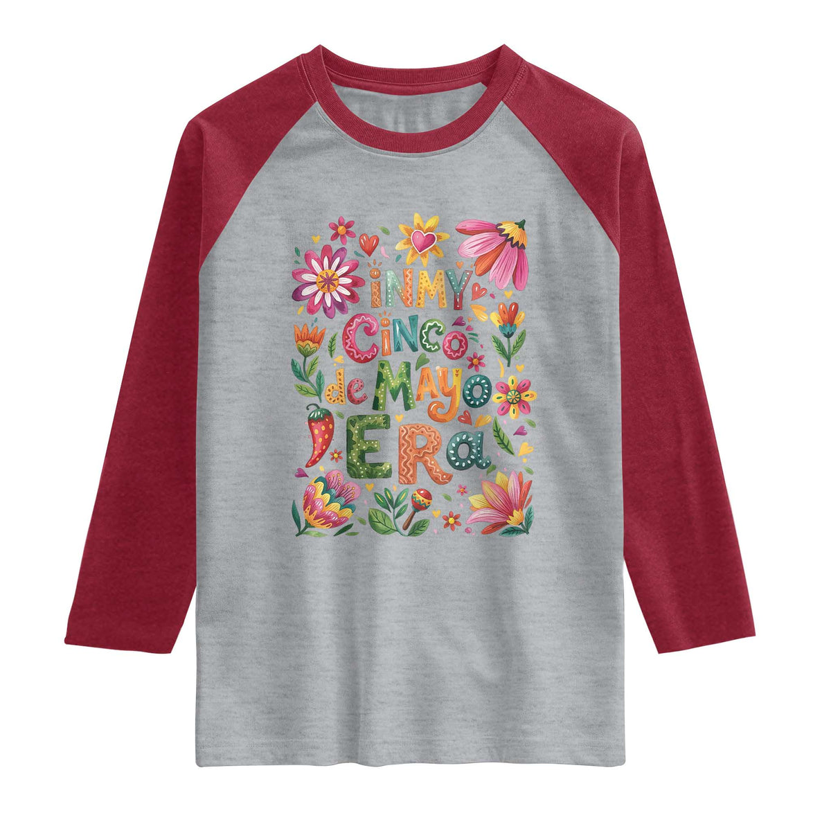 Trendy Floral Fiesta Celebration Raglan Shirt In My Cinco De Mayo Era TS12 Heather Gray Heather Red Print Your Wear