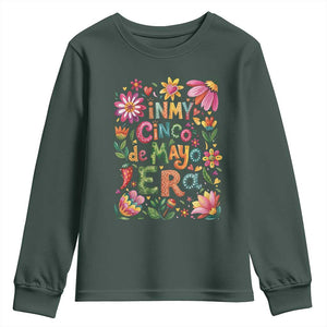 Trendy Floral Fiesta Celebration Youth Sweatshirt In My Cinco De Mayo Era TS12 Dark Forest Green Print Your Wear