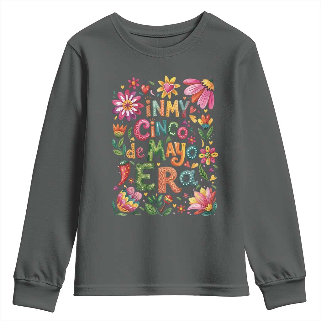 Trendy Floral Fiesta Celebration Youth Sweatshirt In My Cinco De Mayo Era TS12 Dark Heather Print Your Wear
