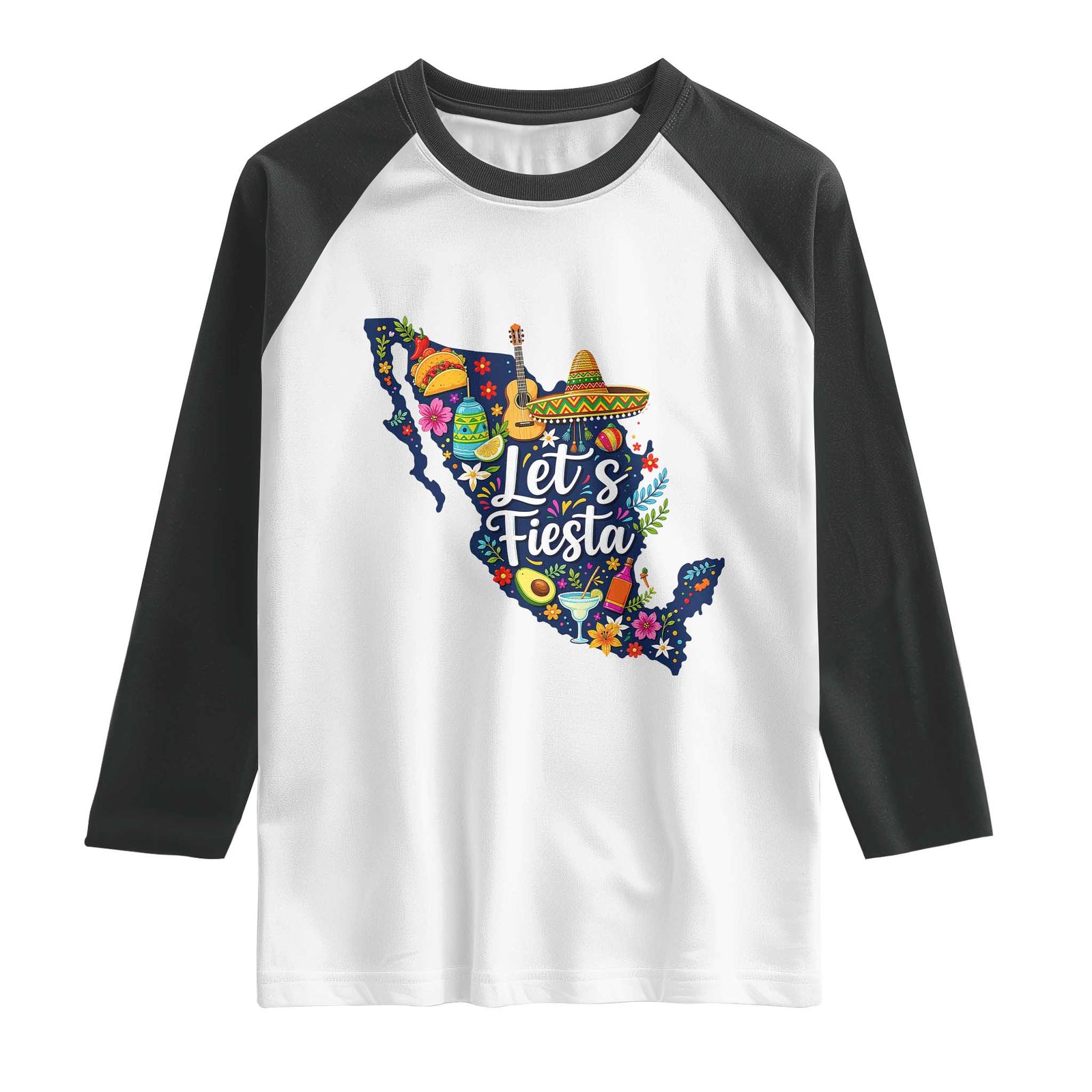 Cinco De Mayo Party Mexican Map Raglan Shirt Lets Fiesta TS12 White Black Print Your Wear
