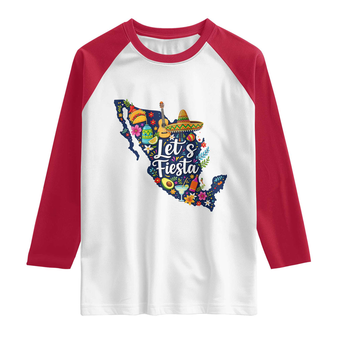 Cinco De Mayo Party Mexican Map Raglan Shirt Lets Fiesta TS12 White Red Print Your Wear