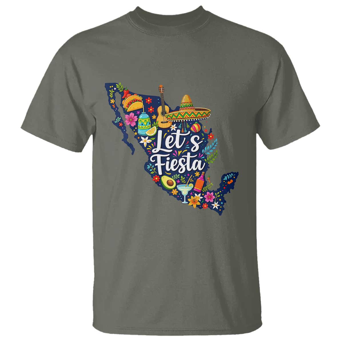Cinco De Mayo Party Mexican Map T Shirt Lets Fiesta TS12 Military Green Print Your Wear