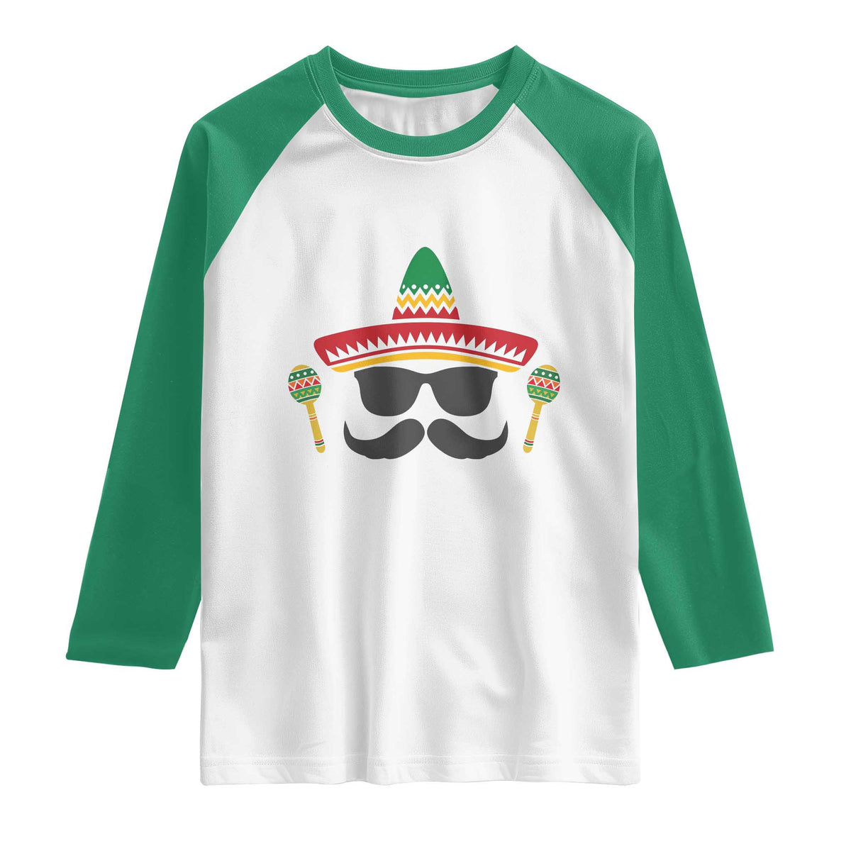 Funny Cinco De Mayo Maracas Characte Raglan Shirt Fiesta Party Gift TS12 White Kelly Green Print Your Wear