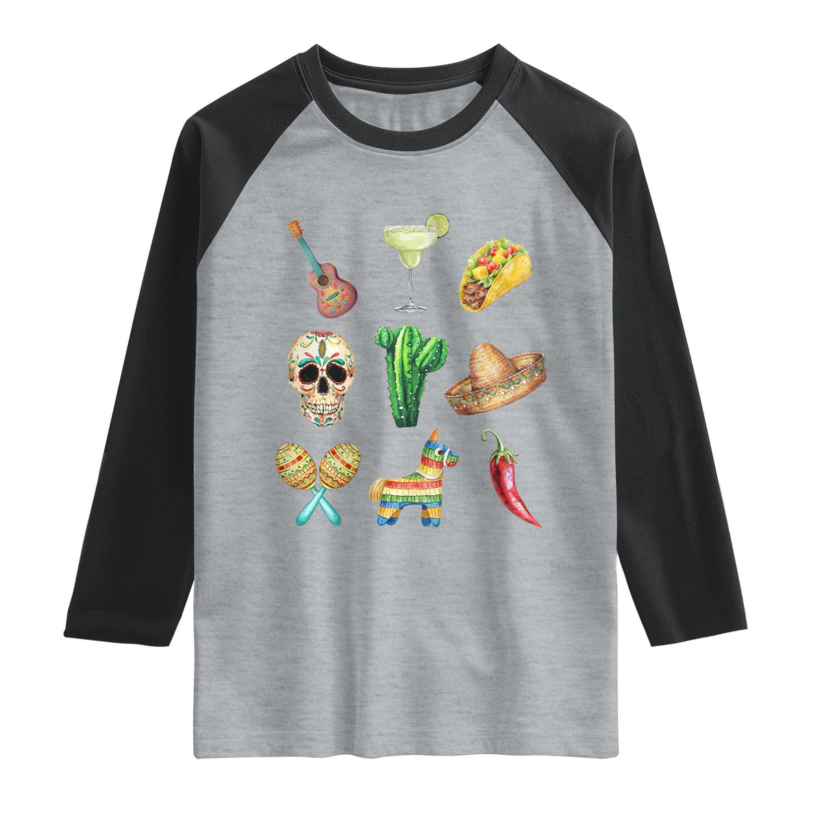 Cinco De Mayo Raglan Shirt Mexican Fiesta Party Celebration TS12 Heather Gray Black Print Your Wear