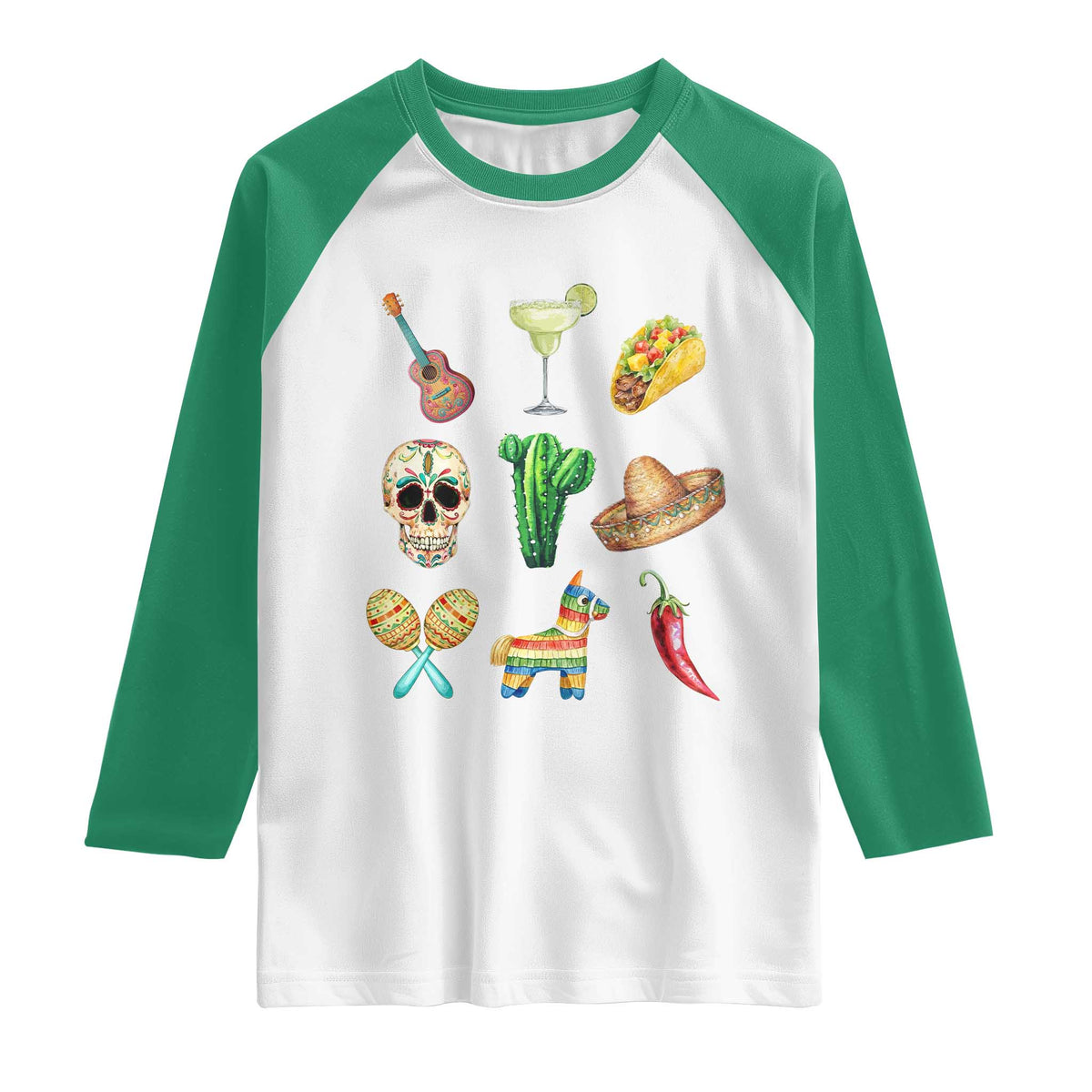 Cinco De Mayo Raglan Shirt Mexican Fiesta Party Celebration TS12 White Kelly Green Print Your Wear