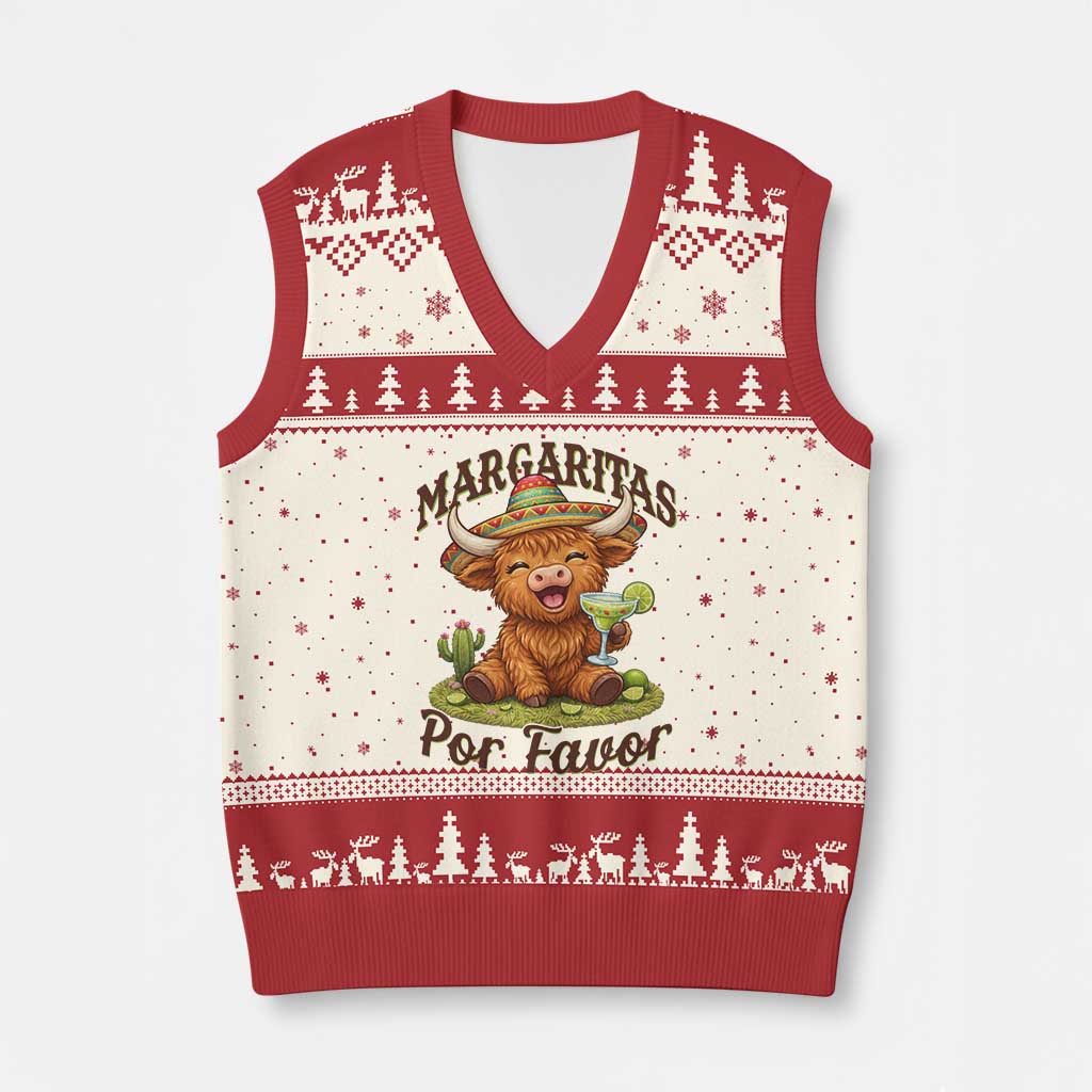 Funny Cinco De Mayo Highland Cow V-Neck Knit Sweater Vest Margaritas Por Favor TS12 Beige Red Print Your Wear