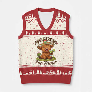 Funny Cinco De Mayo Highland Cow V-Neck Knit Sweater Vest Margaritas Por Favor TS12 Beige Red Print Your Wear