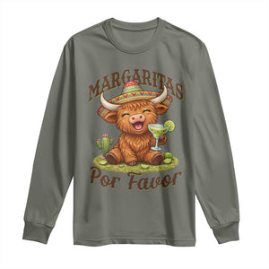 Funny Cinco De Mayo Highland Cow Long Sleeve Shirt Margaritas Por Favor TS12 Military Green Print Your Wear