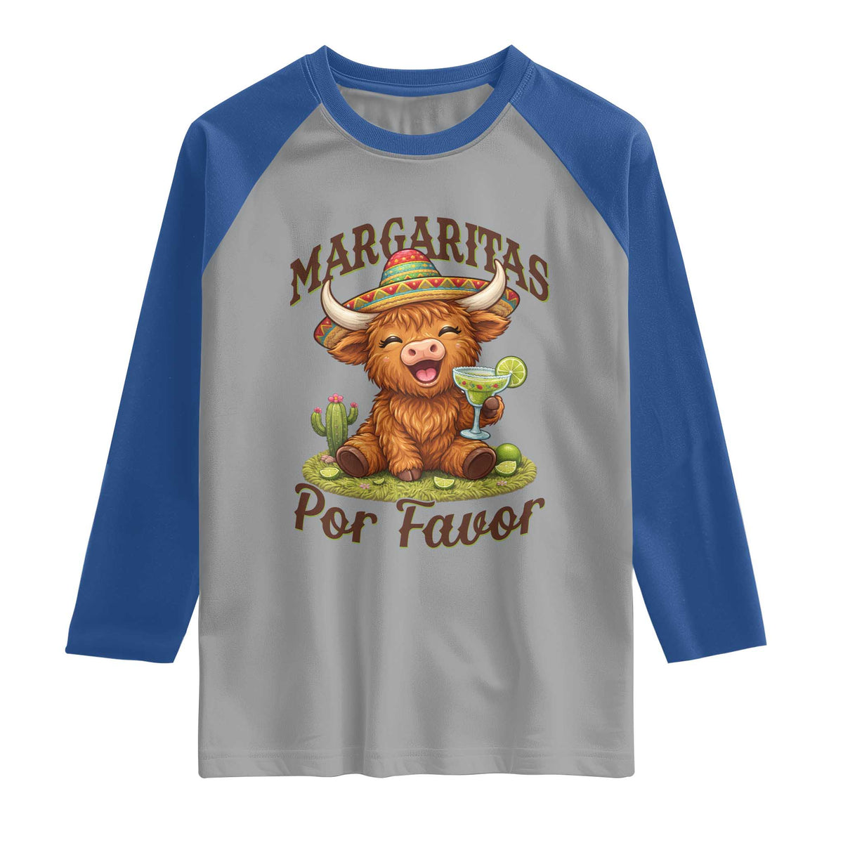 Funny Cinco De Mayo Highland Cow Raglan Shirt Margaritas Por Favor TS12 Sport Gray Royal Print Your Wear