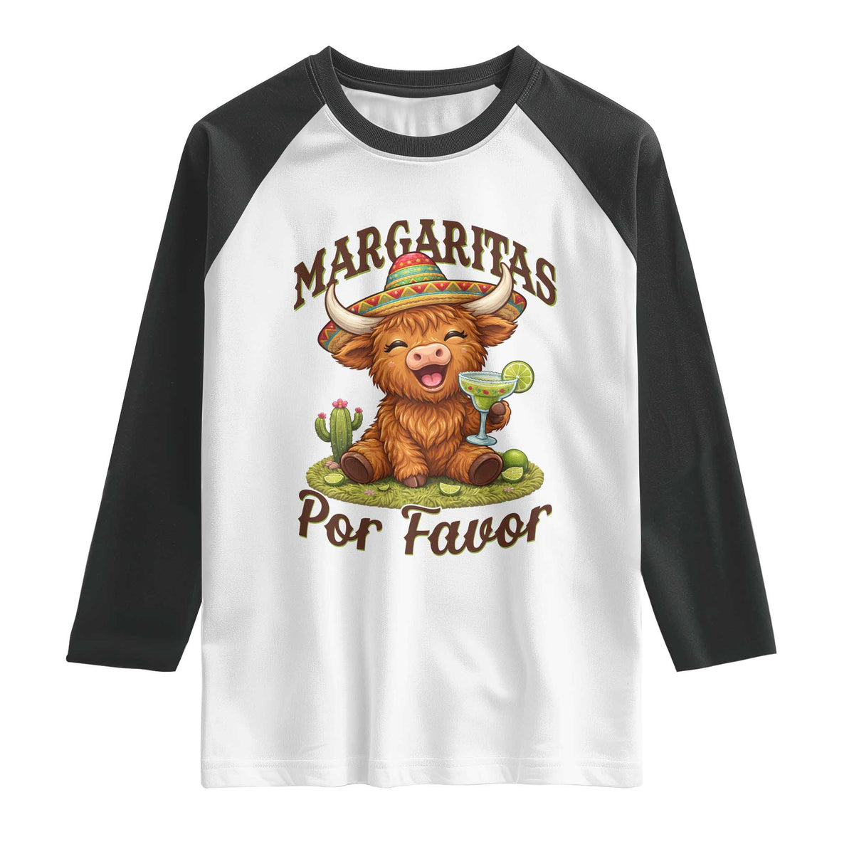 Funny Cinco De Mayo Highland Cow Raglan Shirt Margaritas Por Favor TS12 White Black Print Your Wear