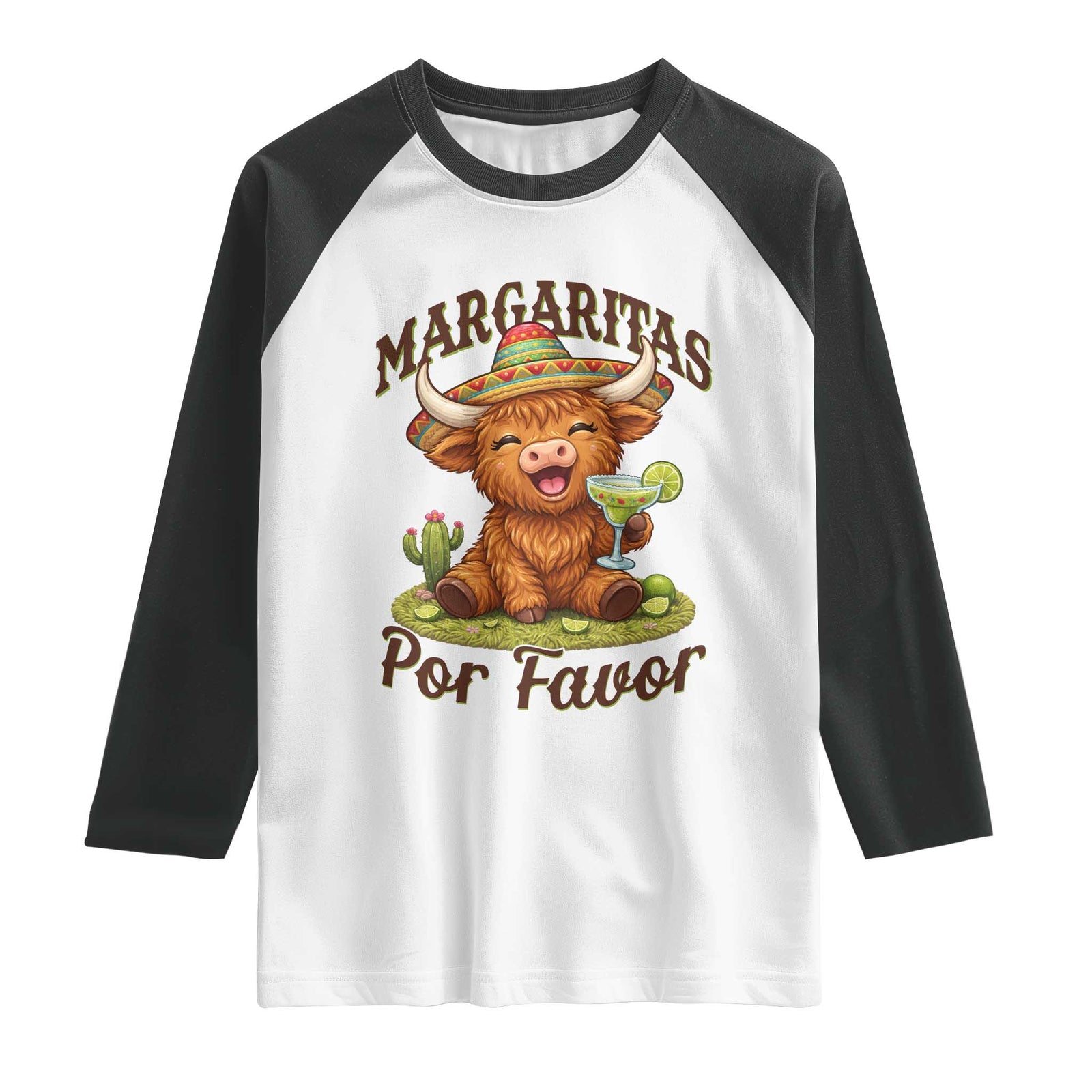 Funny Cinco De Mayo Highland Cow Raglan Shirt Margaritas Por Favor TS12 White Black Print Your Wear