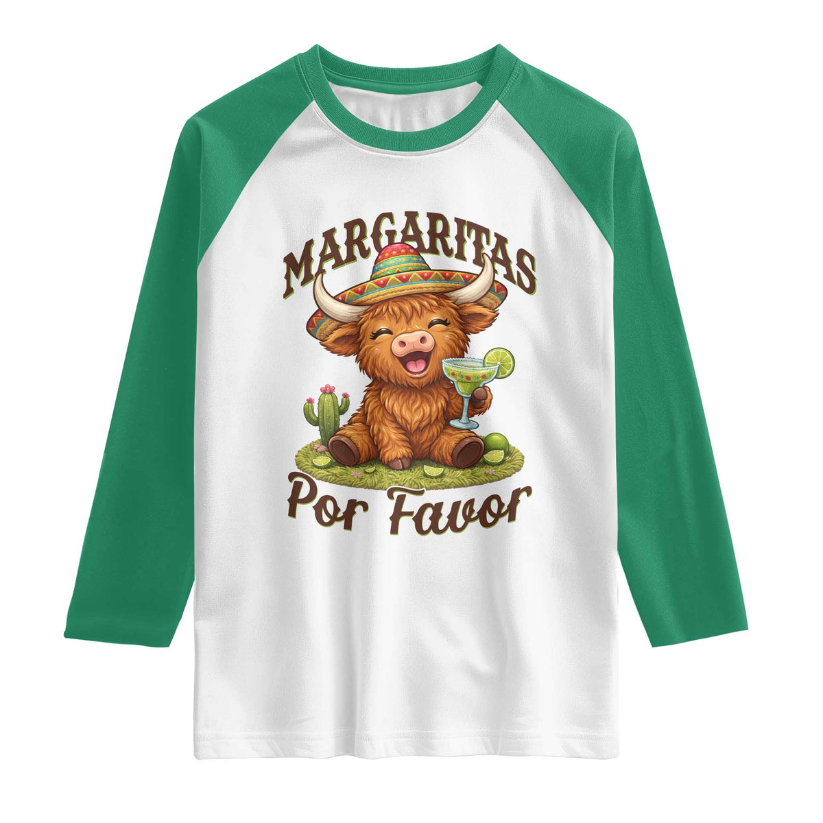 Funny Cinco De Mayo Highland Cow Raglan Shirt Margaritas Por Favor TS12 White Kelly Green Print Your Wear