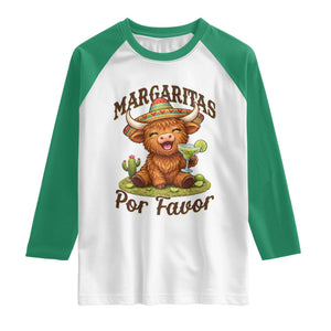 Funny Cinco De Mayo Highland Cow Raglan Shirt Margaritas Por Favor TS12 White Kelly Green Print Your Wear